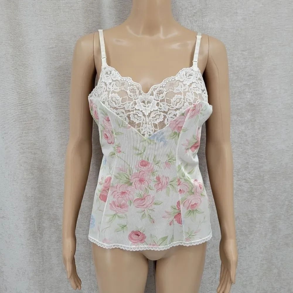 Vassarette Vintage Coquettegirl Floral Lace Slip Camisole Top Nylon Women's M
